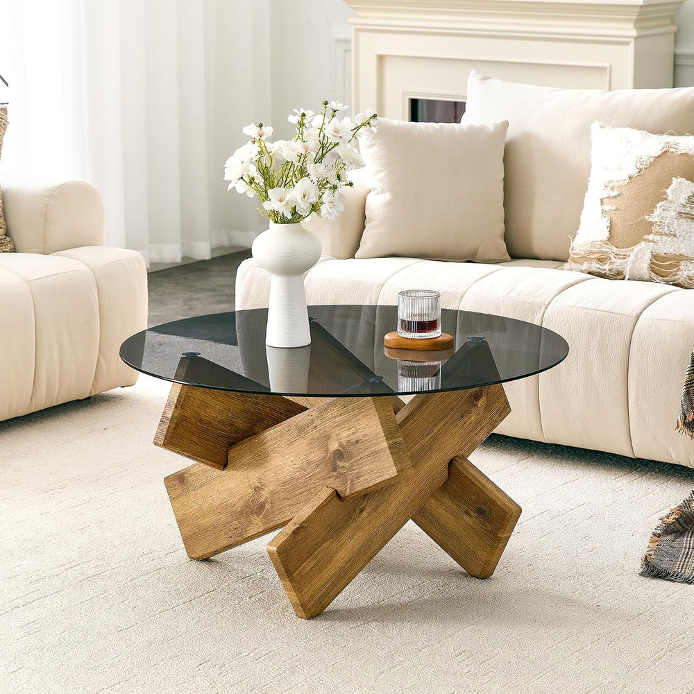 Round Gray Glass Coffee Table, 33.4-Inch Tempered Glass Top