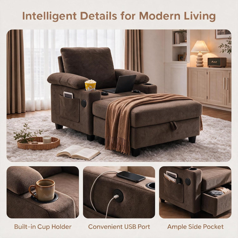 Convertible Sleep Chair with Ottoman, 5 in 1 Single Sofa, Coffee
