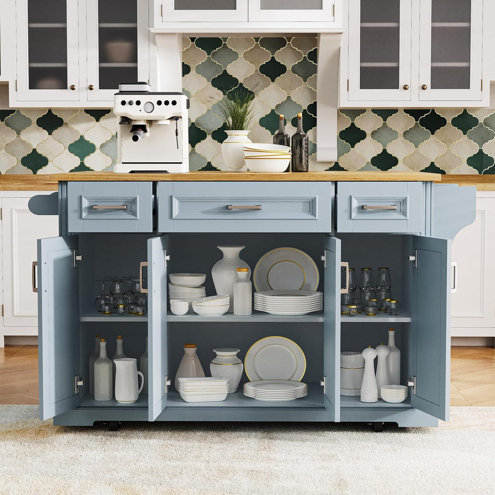 54" Gray Blue Kitchen Island with 3 Drawers, Drop Leaf and Wheels
