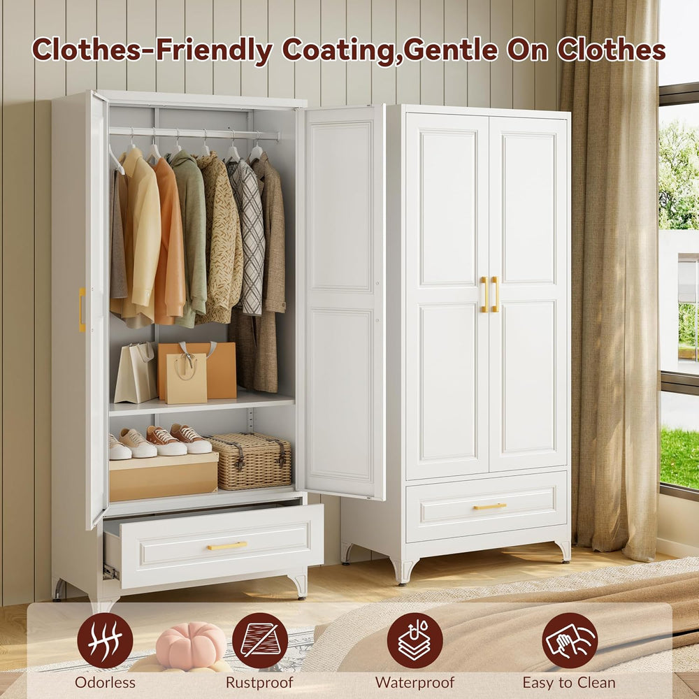 71" Tall Wardrobe Closet with Doors and Adjustable Shelves, White