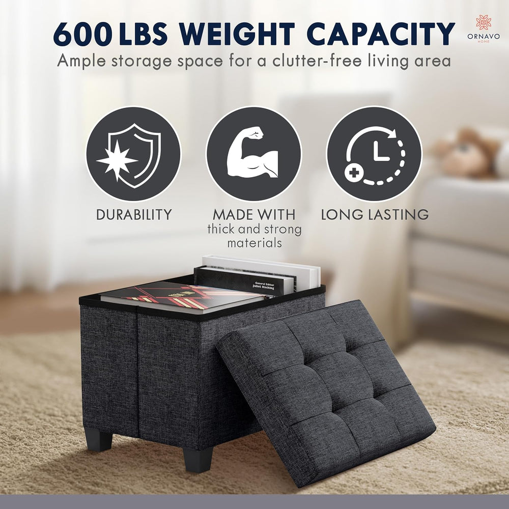 Ornavo Home Small Rectangle Storage Ottoman with Legs, 12x16x12, Black