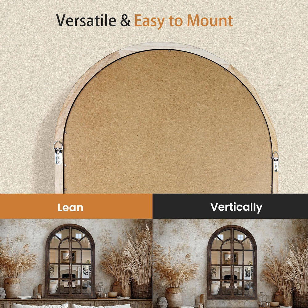 AMOISE Arched Wall Mirror with Wood Window Pane Frame, 24 x 36 Inch, Brown
