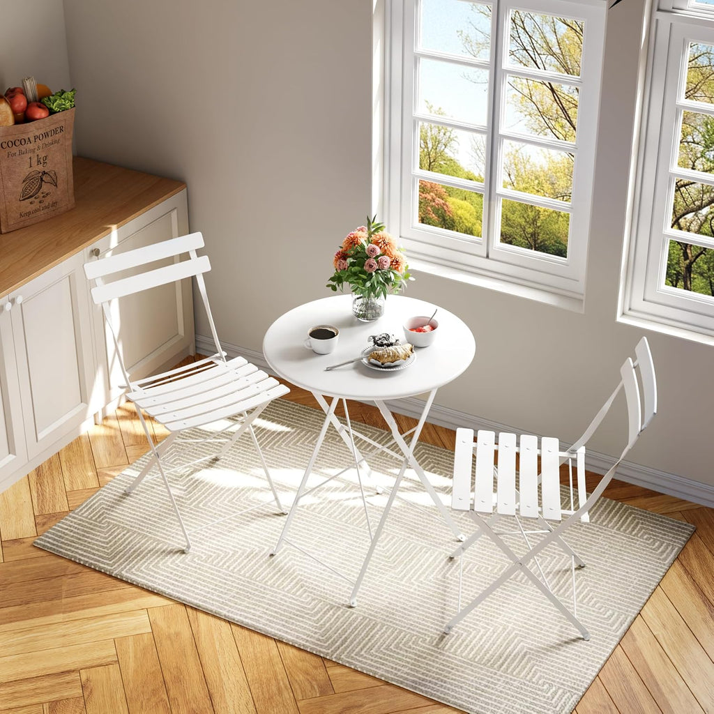 Bistro Table and Chairs Set of 2, 3 Piece Folding Patio Bistro Set, White