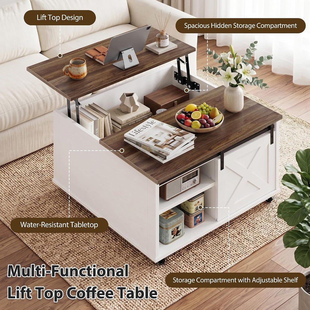 Lift Top Coffee Table with Wheels 31" Square, Farmhouse, Off White
