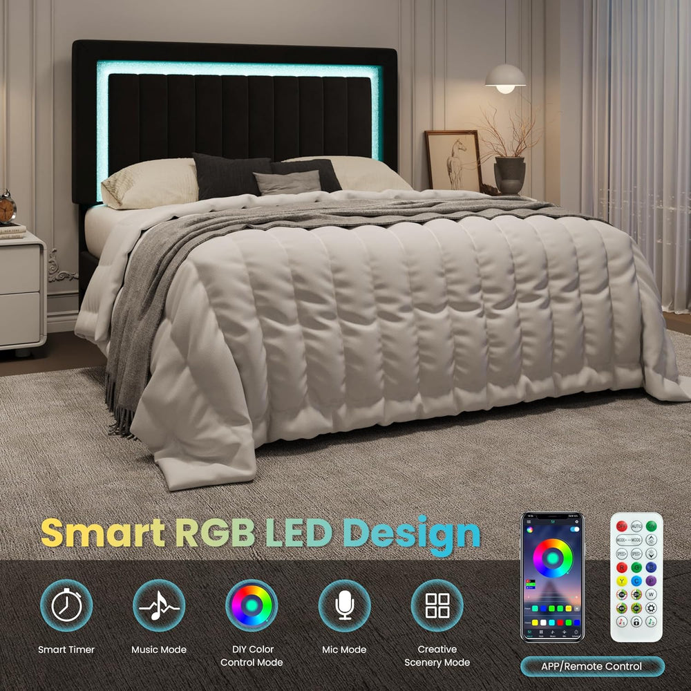 SHA CERLIN Queen Size Velvet Bed Frame with LED Light, Black