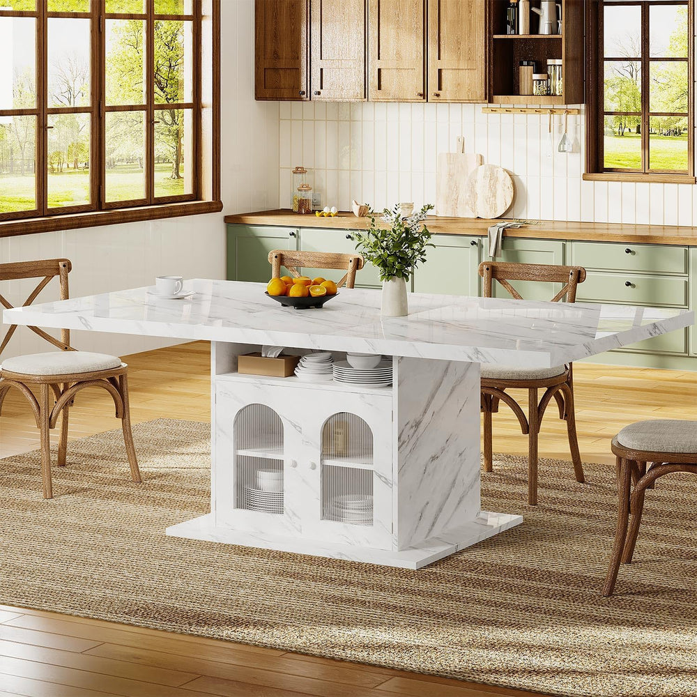 HSH 63" Modern White Faux Marble Dining Table for 6 with Storage Cabinet