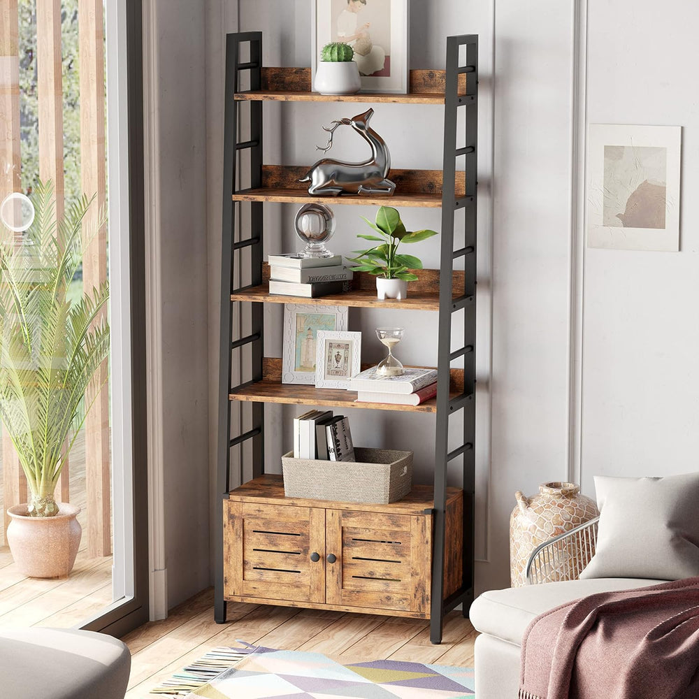IRONCK 4 Tier Ladder Bookcase with Louvered Doors Rustic Brown