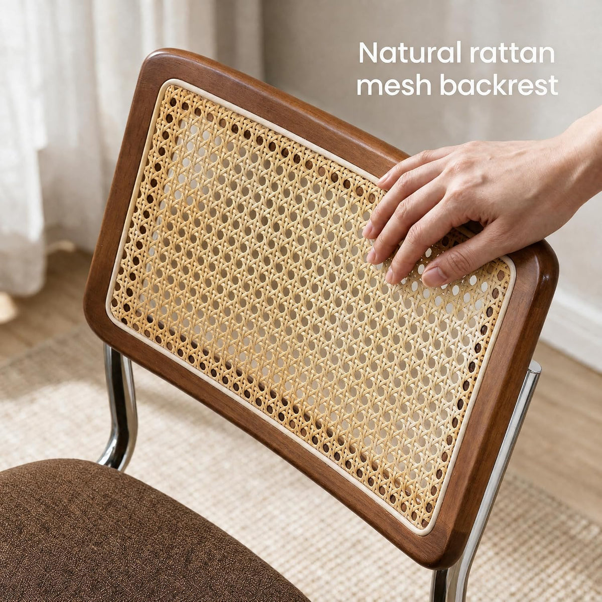 GrandNoor Natural Rattan Counter Height Stools Set of 3 with Solid Wood Back, 24 Inch Mid Century Modern Cesca Bar Stools, Brown Upholstery Boho Stool for Kitchen Counter with Chrome Metal Legs