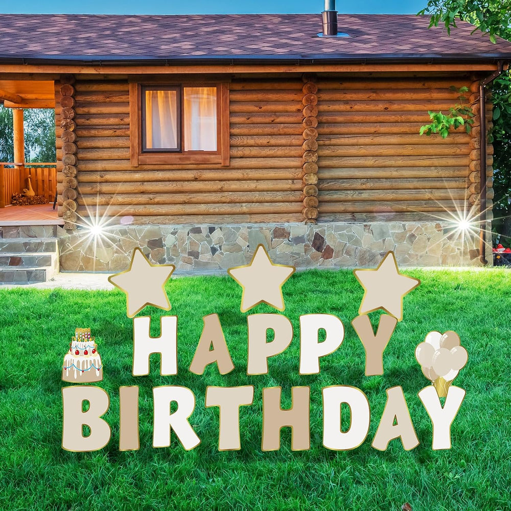 Jetec 18 Pcs Happy Birthday Yard Sign with Stakes and Light, Beige