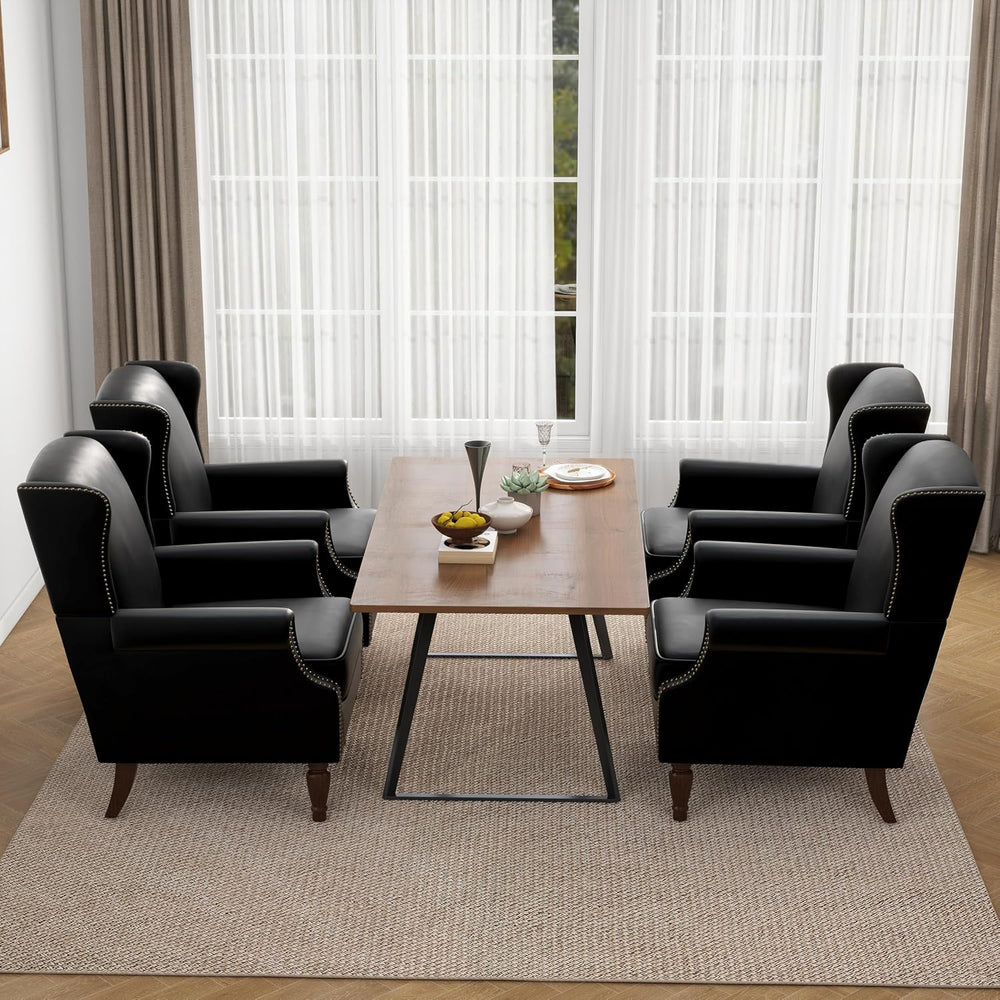 Faux Leather Wingback Accent Chair with Wood Legs, Black, Set of 1