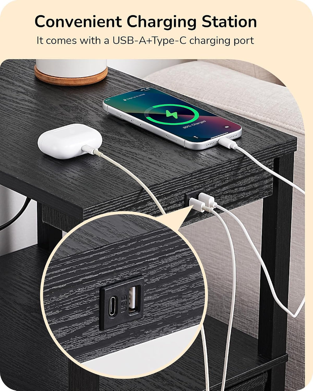 EDISHINE Floor Lamp with Table, Dimmable USB-A+Type-C Ports, Remote, Black