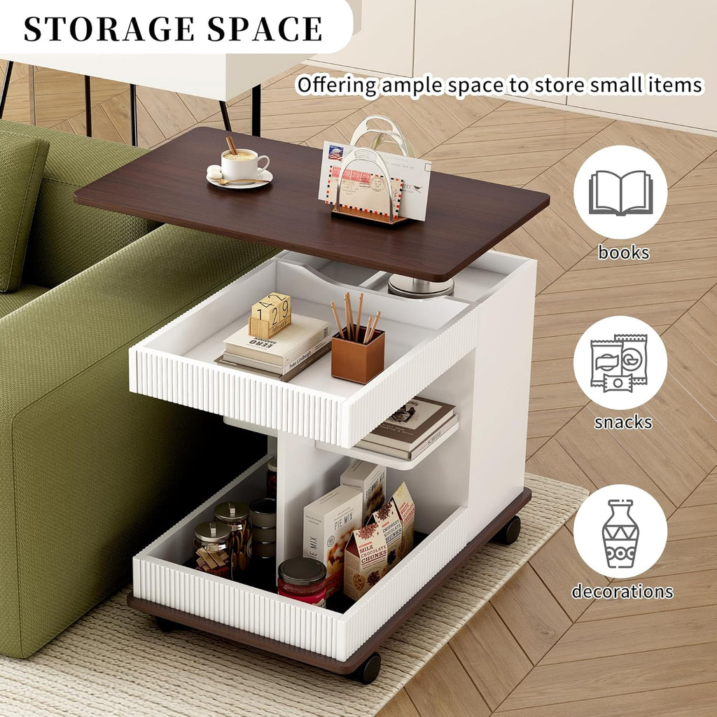 Adjustable Lift Top End Table with Wheels, Modern Multifunctional Sofa Side Table with 360 Degrees Rotating Top, Storage Space for Living Room, Small Space, Brown