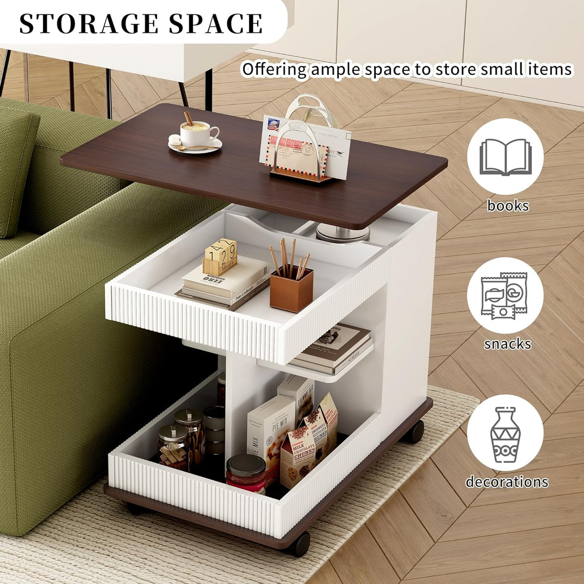 Adjustable Lift Top End Table with Wheels, Modern Multifunctional Sofa Side Table with 360 Degrees Rotating Top, Storage Space for Living Room, Small Space, Brown