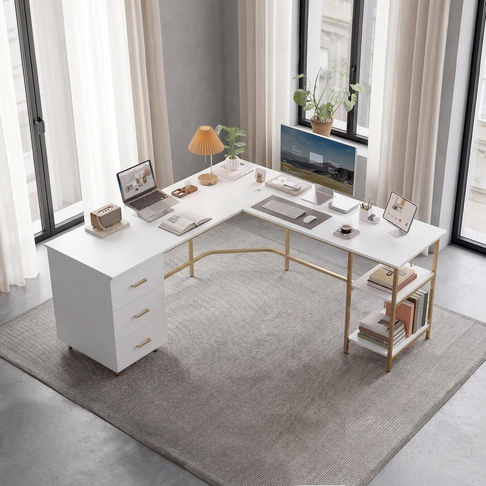Techni Mobili 59" Two-Tone L‑Shaped Office Desk with Storage Shelves, Gold