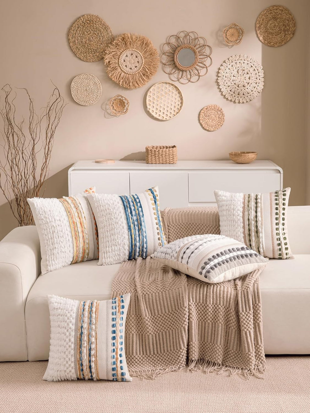 Boho Chenille Tufted Couch Throw Pillow Covers 18x18 Inch Set of 2 Farmhouse ...