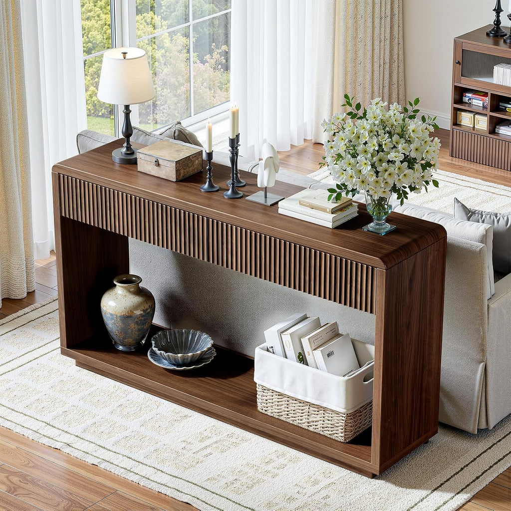 Evermagin 59'' Walnut Console Table with Drawers, Sofa Table with Storage | Mid Century Modern entryway table, Fluted Behind Couch Table for Living Room, Entrance, Hallway