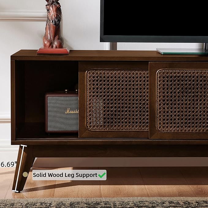 LKTART Boho Mid Century TV Stand,59" Rattan Entertainment Center,Media Console with Solid Wood Legs,Adjustable Feet & Divided Storage,TV Cabinet for 65 Inch TV,Dark Walnut