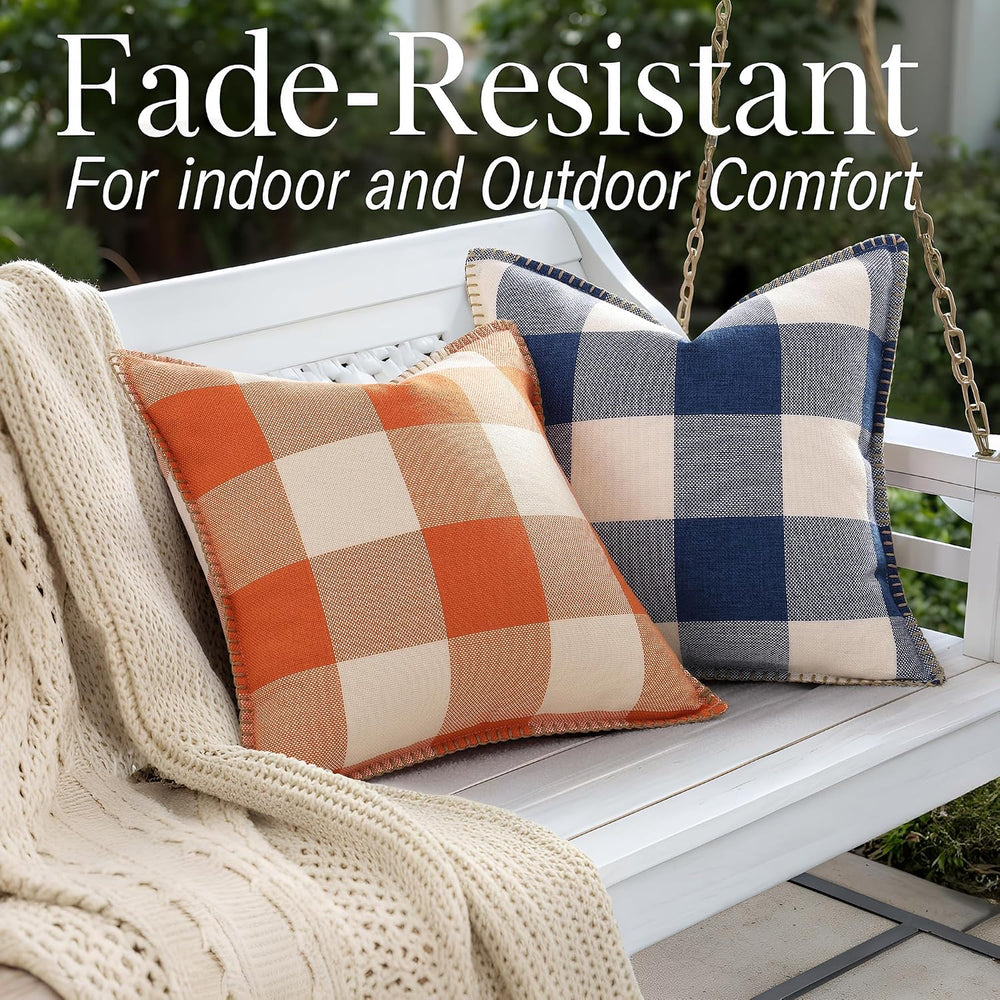 decorUhome Fall Plaid Linen Throw Pillow Covers 26x26 Set of 2 Navy Blue
