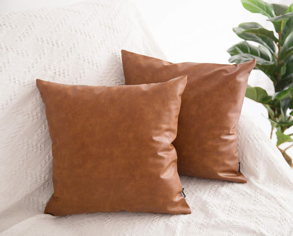 Faux Leather Throw Pillow Covers 20x20 inch Set of 2 Thick Cognac Brown Large...