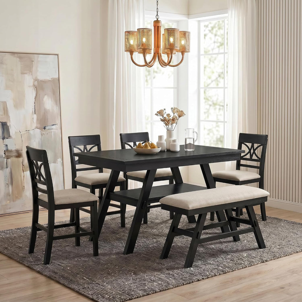 Merax 6-Piece Wood Counter Height Dining Table Set with Storage Shelf, Rustic Dining Table Set with Upholstered Chairs and Bench for 4-6, Espresso+Beige
