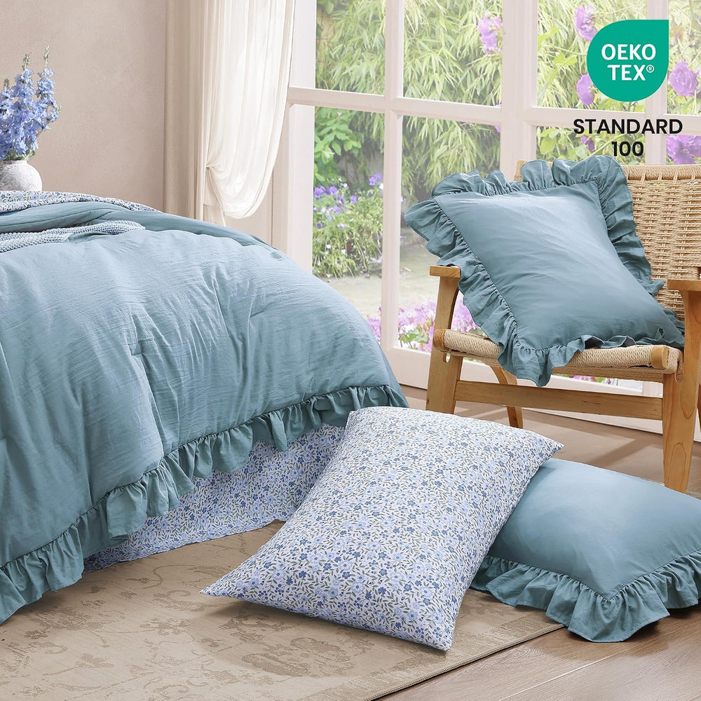 BLOOMHAVEN Queen Comforter Set-7 Pieces Ruffle Bedding with Floral Sheet