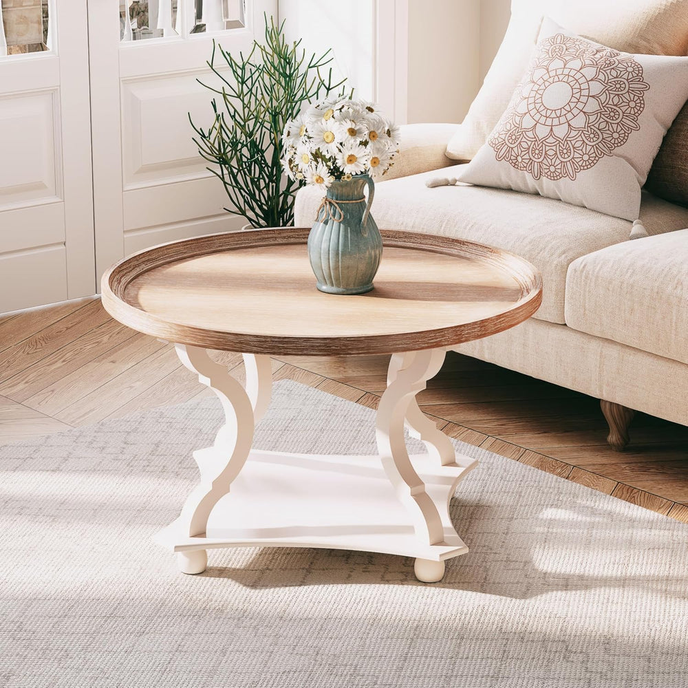 COZAYH Coffee Table - Round Farmhouse Coffee Table - Wood Tray Top, White