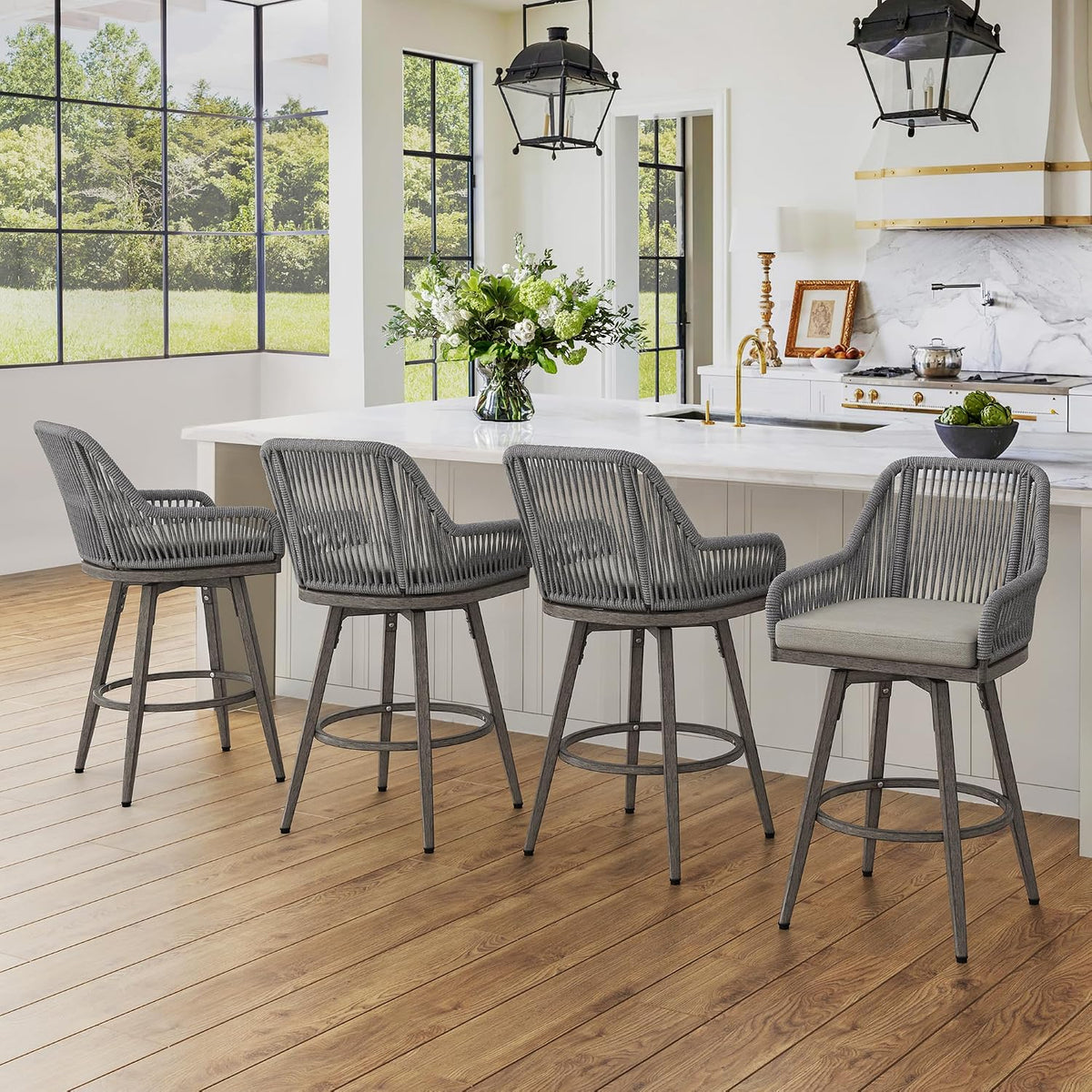 Cozyman Outdoor Bar Stools Set of 6, 360° Swivel Aluminum Rattan Bar Stool with Olefin Rope Curved Backrest and Armrest, Modern BarStools with Removable Cushion for Patio, Garden, Kitchen, Grey