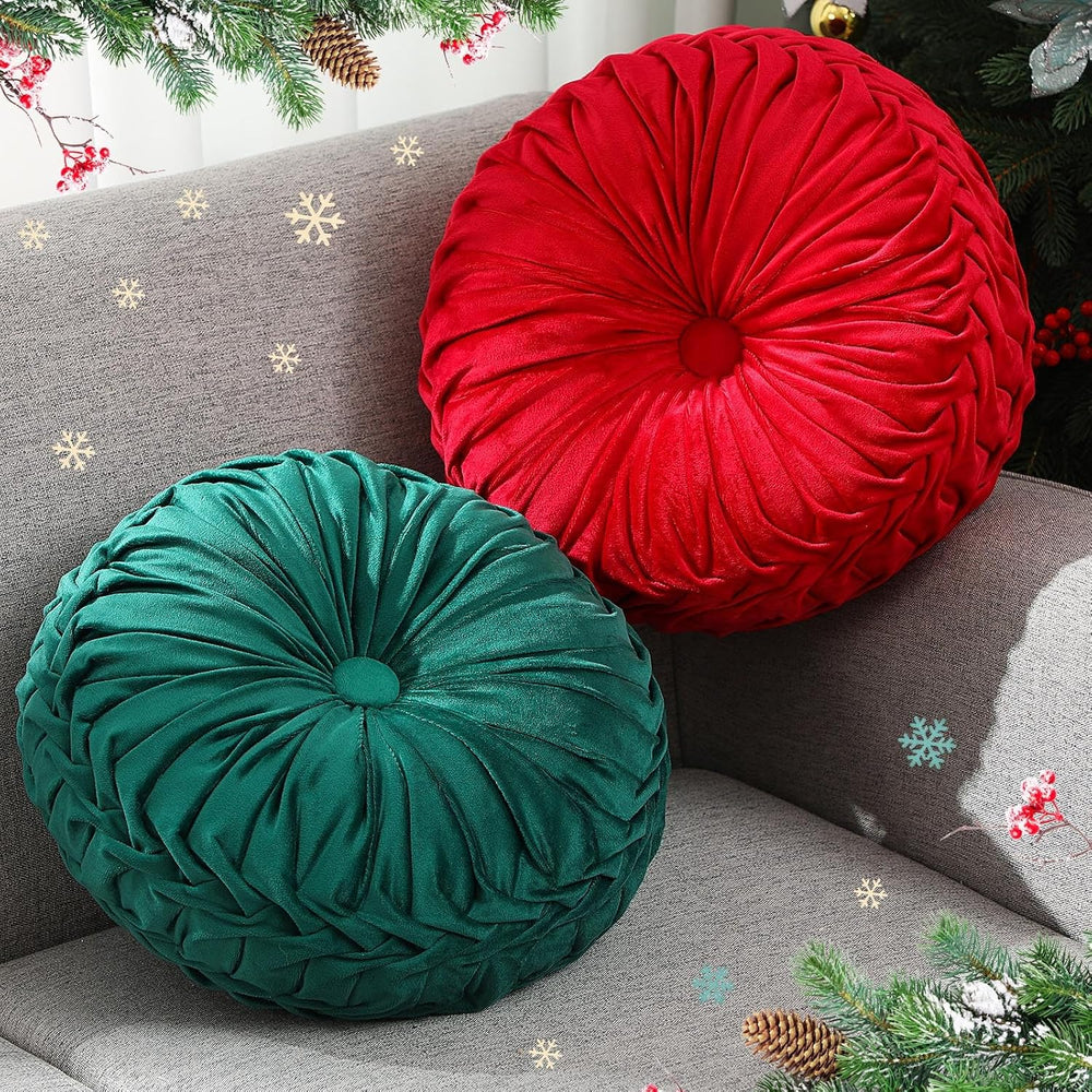 Beeveer 2 Pcs Round Throw Pillows Velvet Pleated Pillows, Red and Green