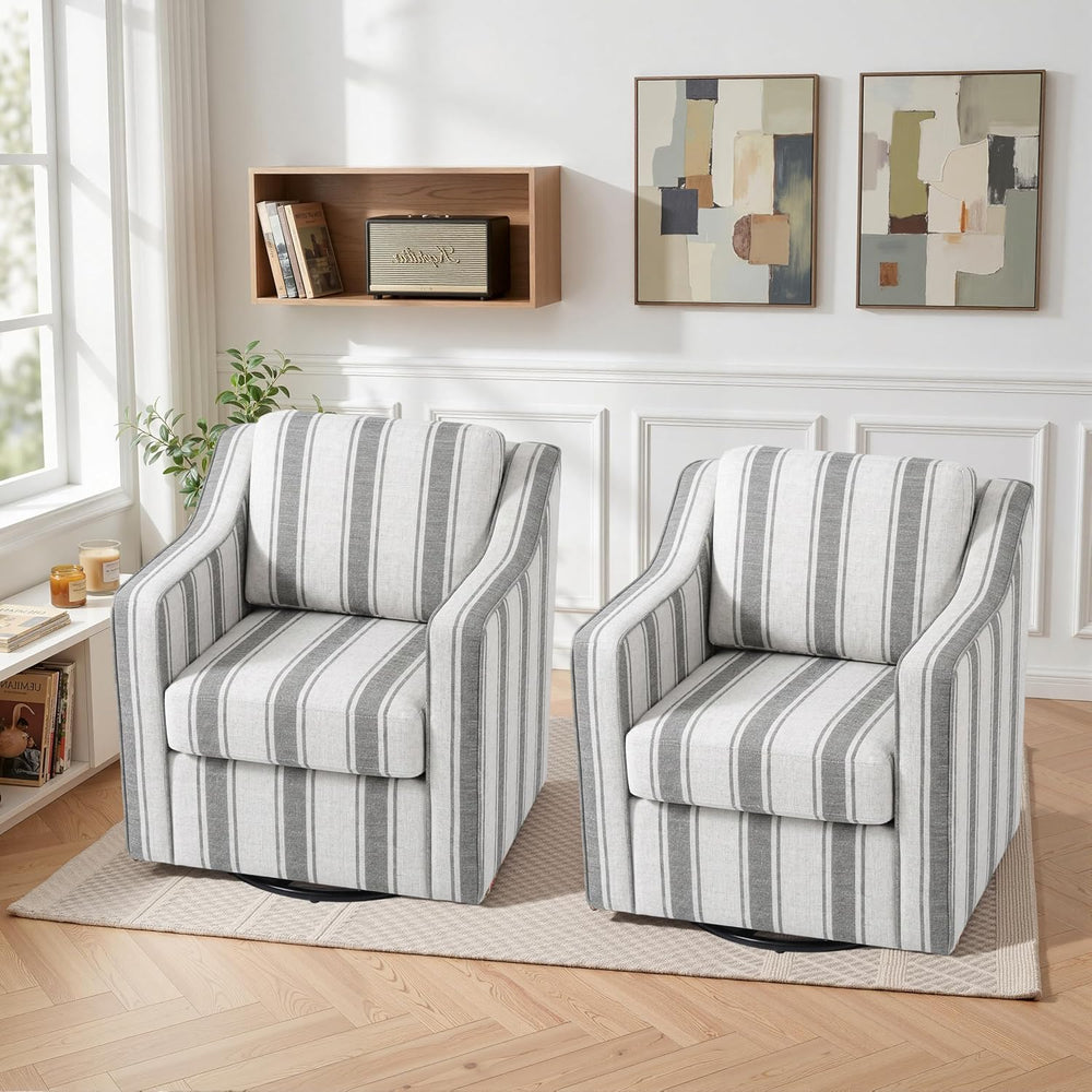 Swivel Accent Chairs Set of 2, Upholstered Barrel Armchair, Stripe Gray