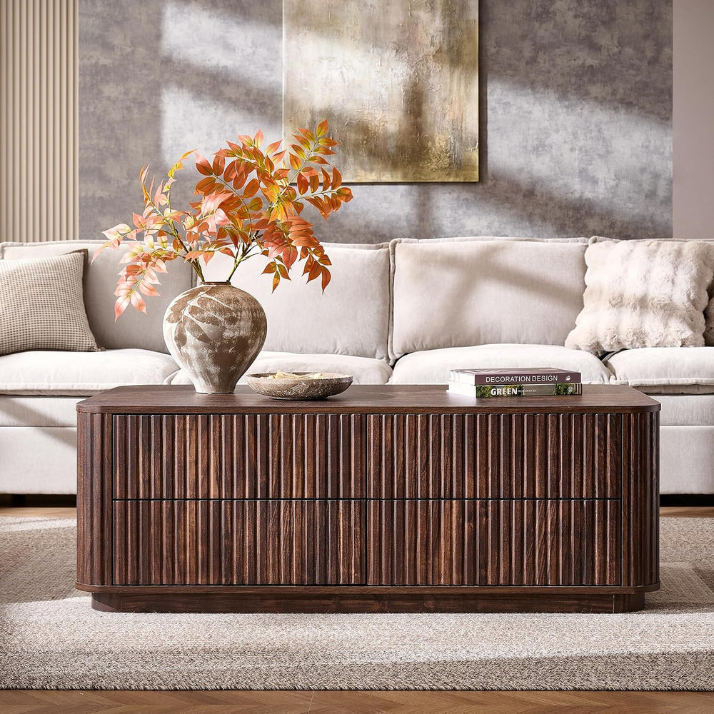 51" Fluted Coffee Table with 4 Drawers, Dark Walnut