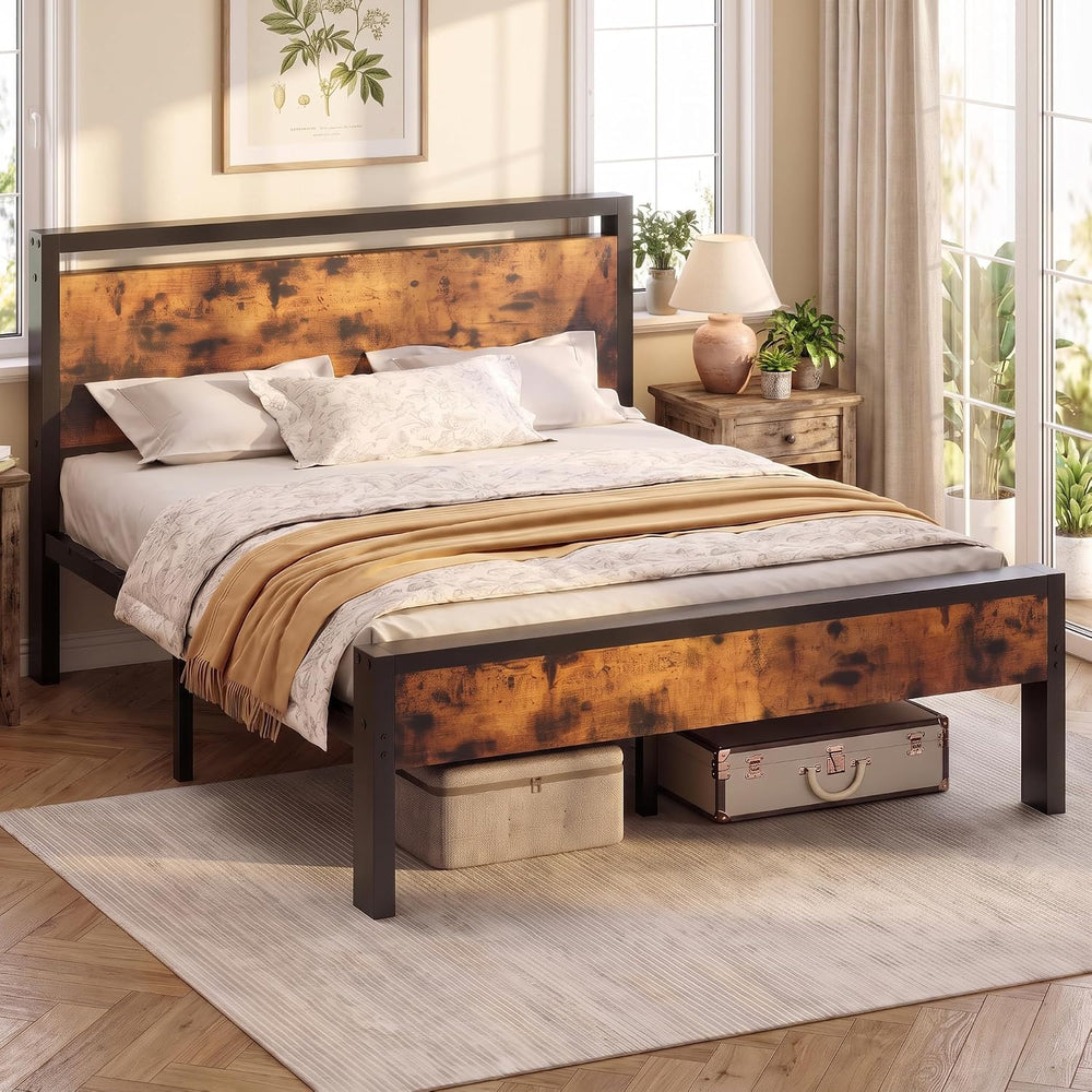 Sweetcrispy Queen 14 Inch Bed Frame with Wood Headboard, Rustic Brown
