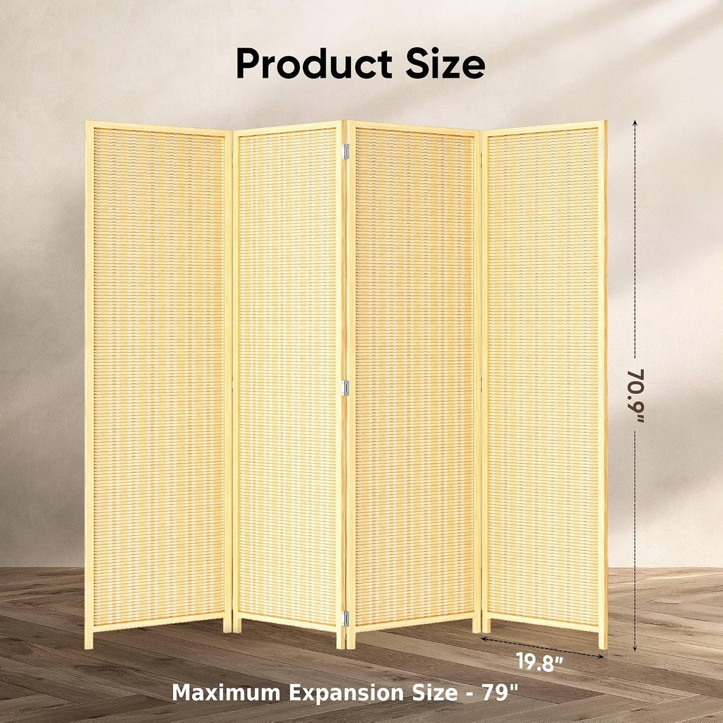 JOSTYLE Room Divider 4 Panel Folding Privacy Screen, Woven Bamboo, Wooden
