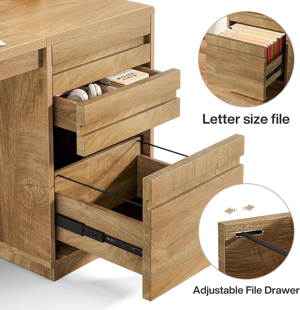 Tribesigns 55-Inch Computer Desk with 3 Drawers, Farmhouse Home Office Desk with Adjustable File Cabinet, Study Table Office Workstation, Walnut Brown