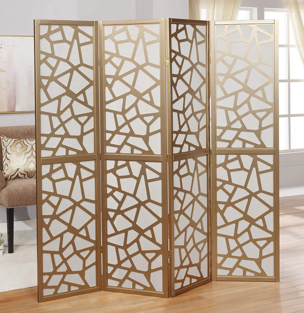 Roundhill Furniture Giyano 4 Panel Screen Room Divider, White Screen with Gol...