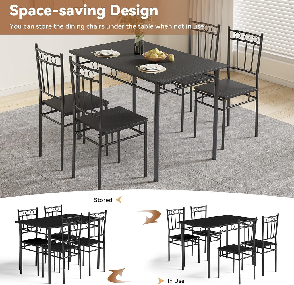 Dining Table Set for 4, 5-Piece Kitchen Table and Chairs, Rectangular Dining Room Table Set with 4 Chairs, Space-Saving Kitchen Table Set for Small Space,Dinette,Apartment,Pure Black