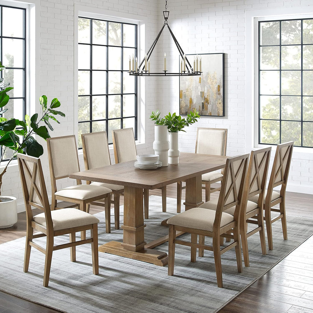 crosley furniture joanna 9-piece dining set, upholstered chairs shown in use
