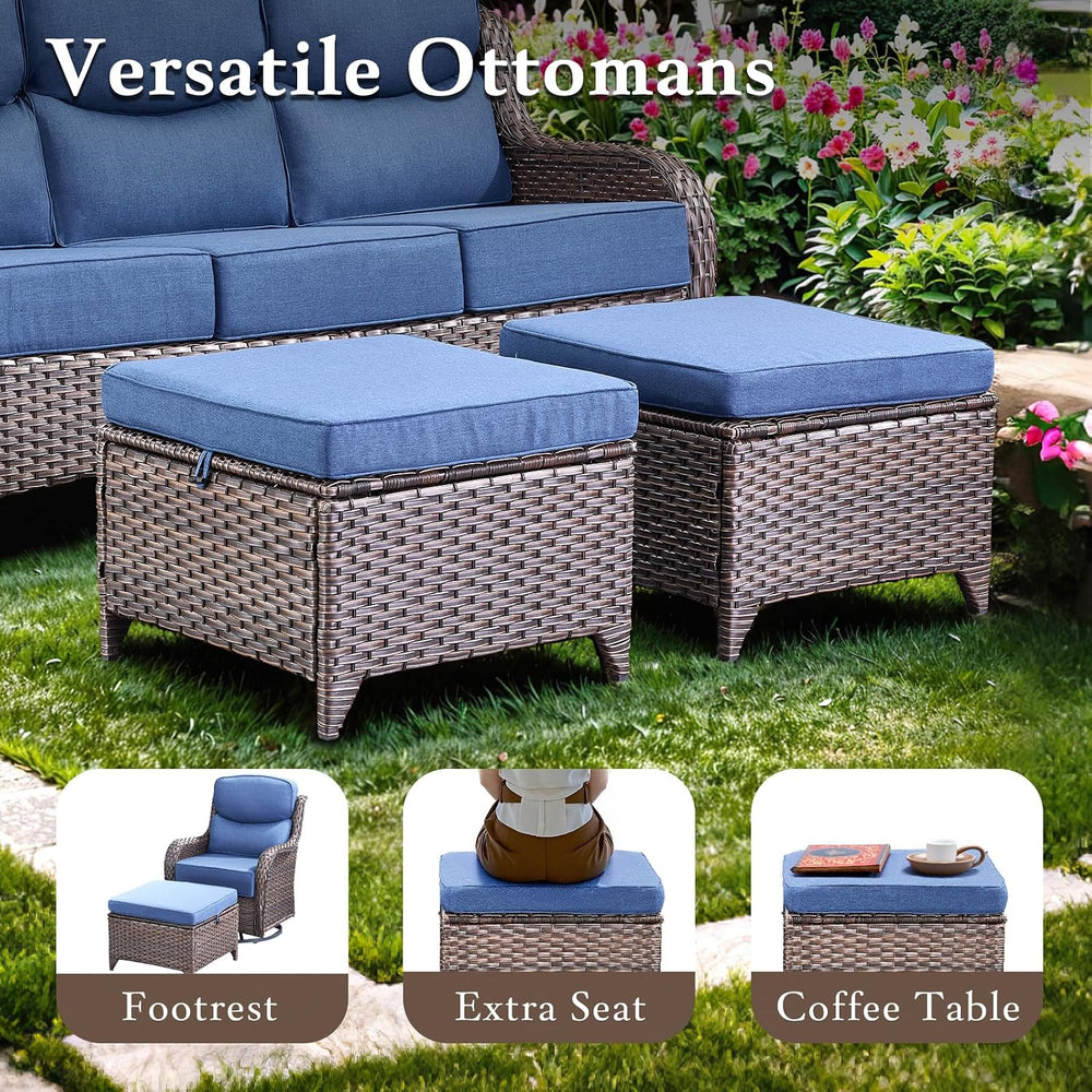 5 PCS Outdoor Bistro Set with Swivel Glider and Ottomans, Brown/Blue