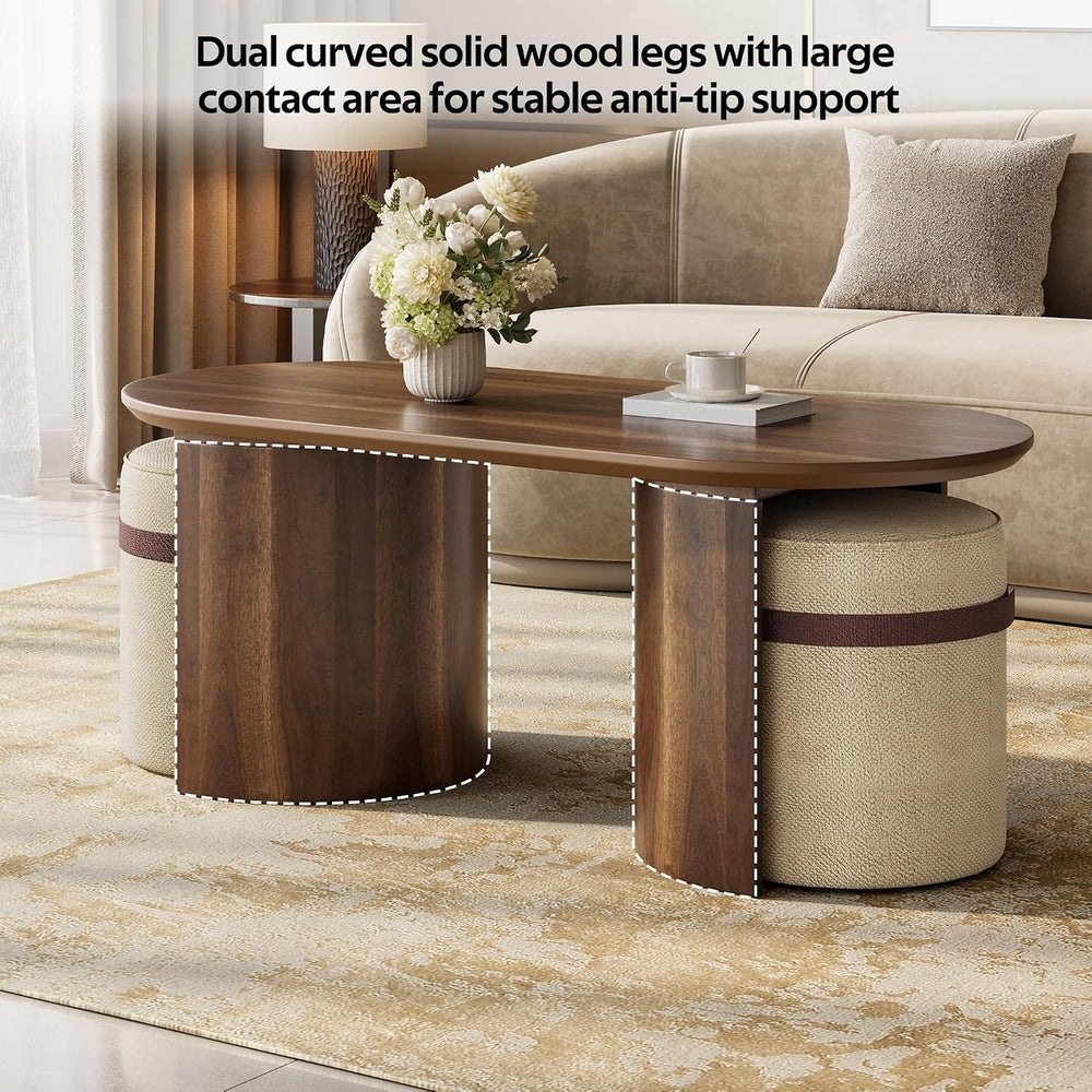 Merax 3-Piece Oval Coffee Table Set with 2 Nesting Ottoman Stools, Brown
