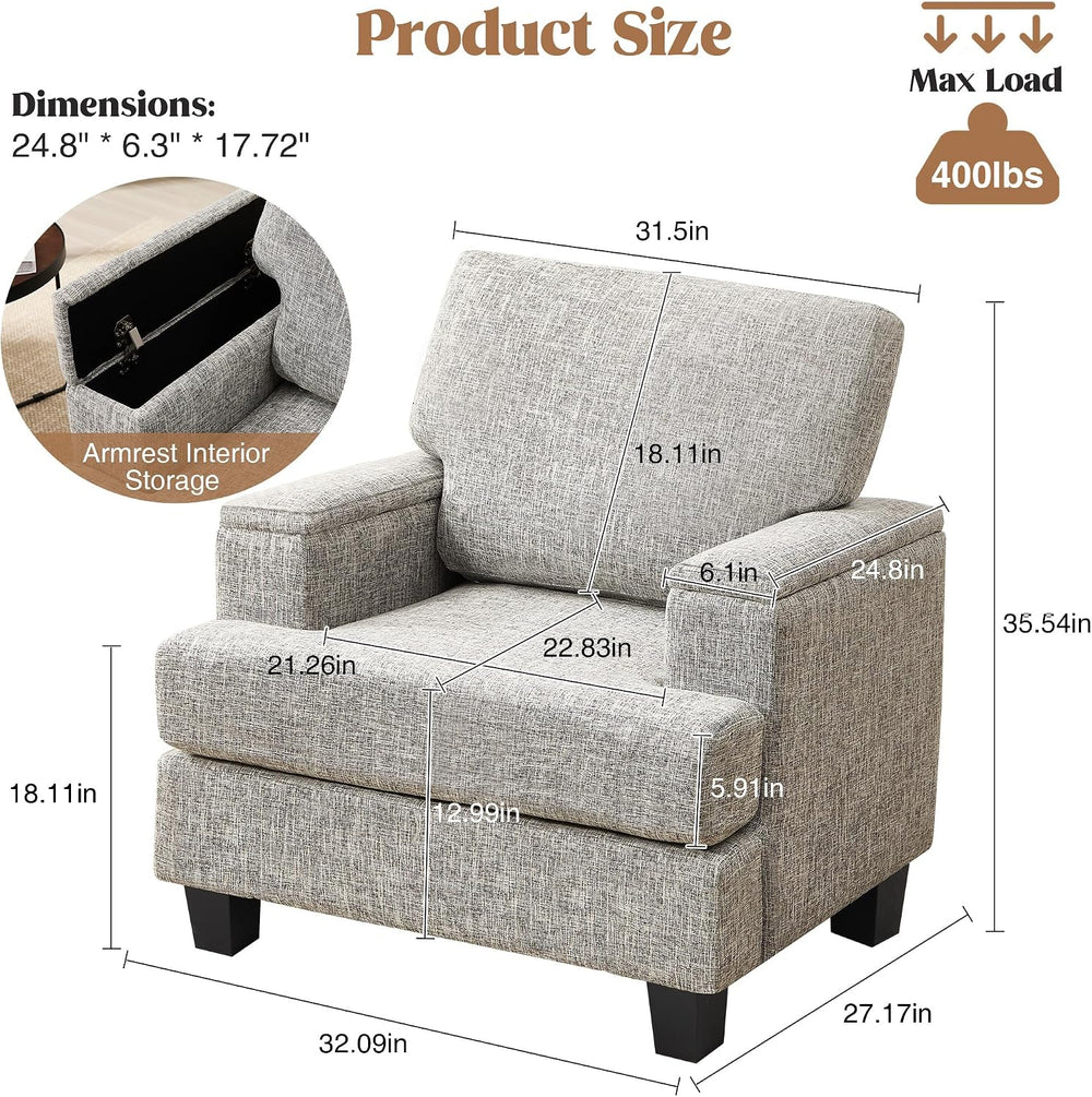 Accent Chairs Set of 2 with Armrest Storage, Fabric Upholstered Reading Livin...