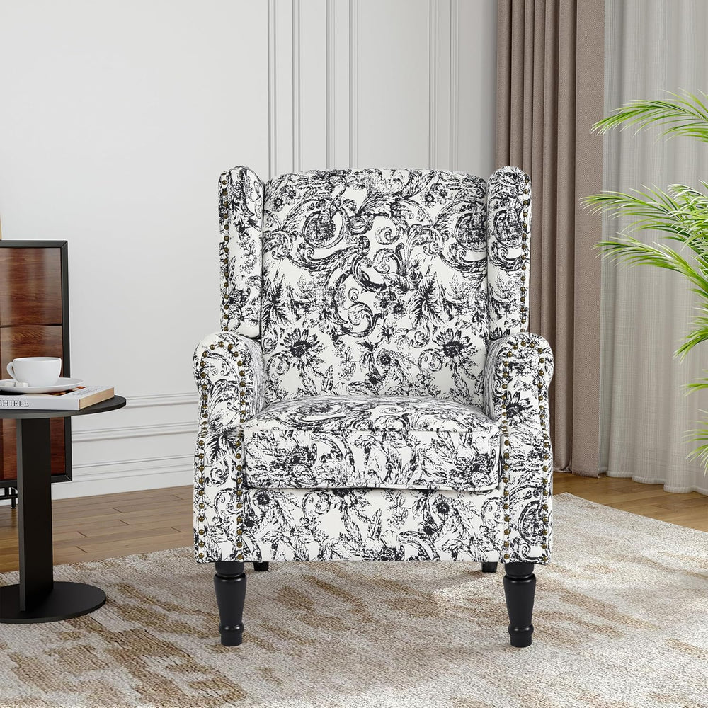 Floral Wingback Accent Chair, High Back Upholstered Armchair, Rococo Black