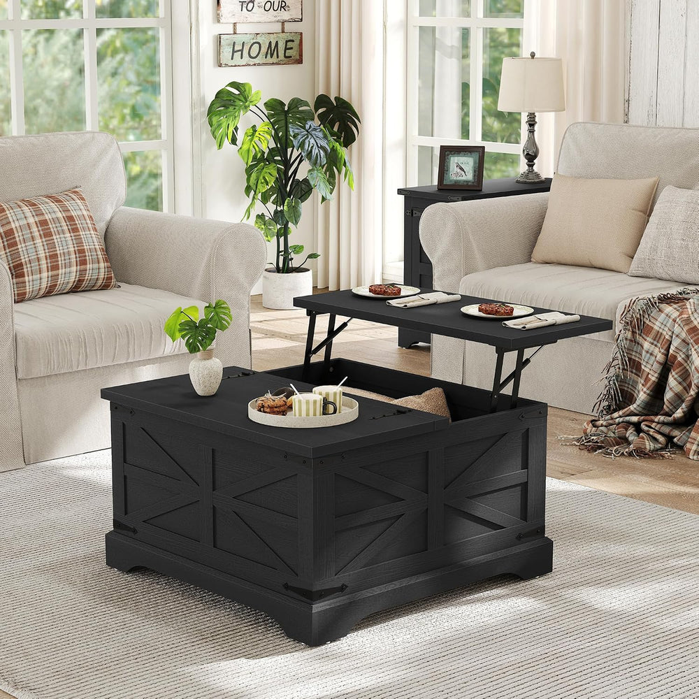 Furnideco Farmhouse Lift Top Coffee Table, Square Wood Center Table with Larg...