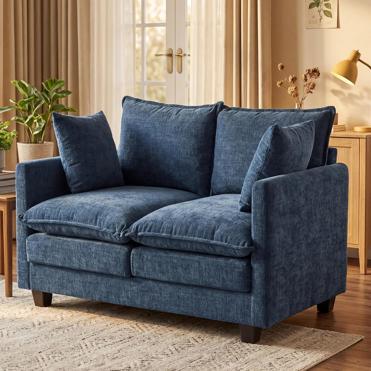 KYJ Loveseat Sofa, Cloud Love Seat Couch 3 Layer Cushion for Small Spaces | 50" Chenille Small Sofa, 27" Deep Seat, 2 Washable Pillow, in a Box for Bedroom & Living room, Singles, Couple & Kid, Blue