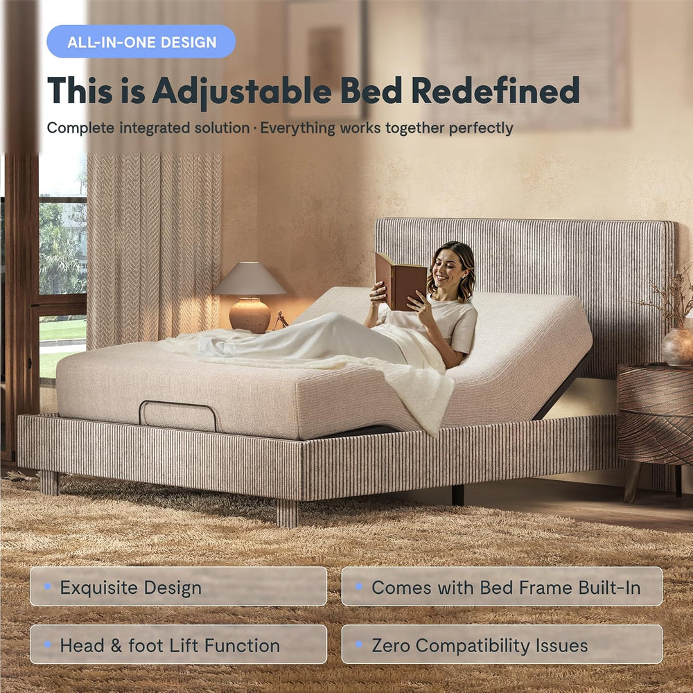 FLEXISPOT Queen Adjustable Bed with Velvet Upholstered Frame, Light Grey