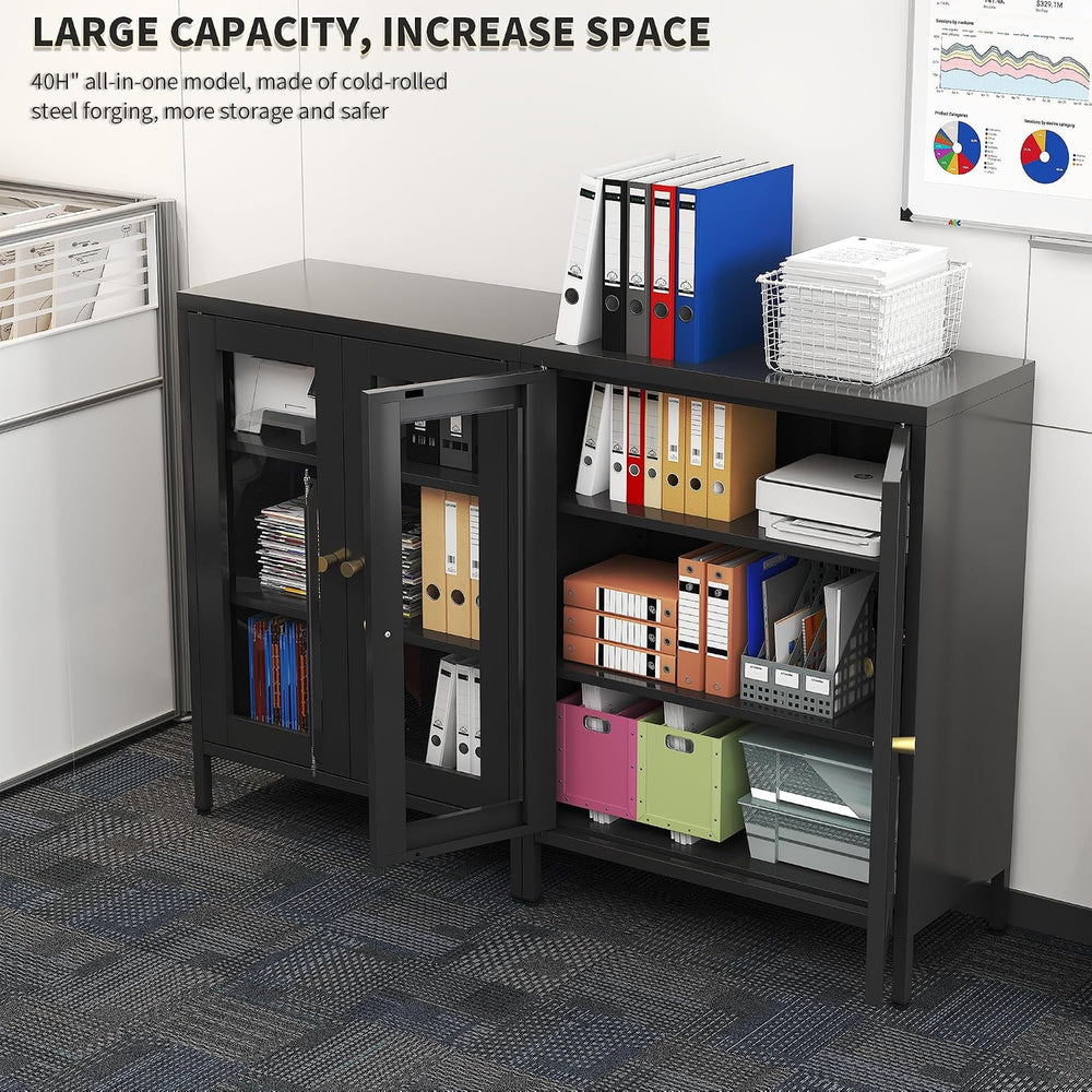 Black Metal Bathroom Glass Storage Cabinet, 2 Doors