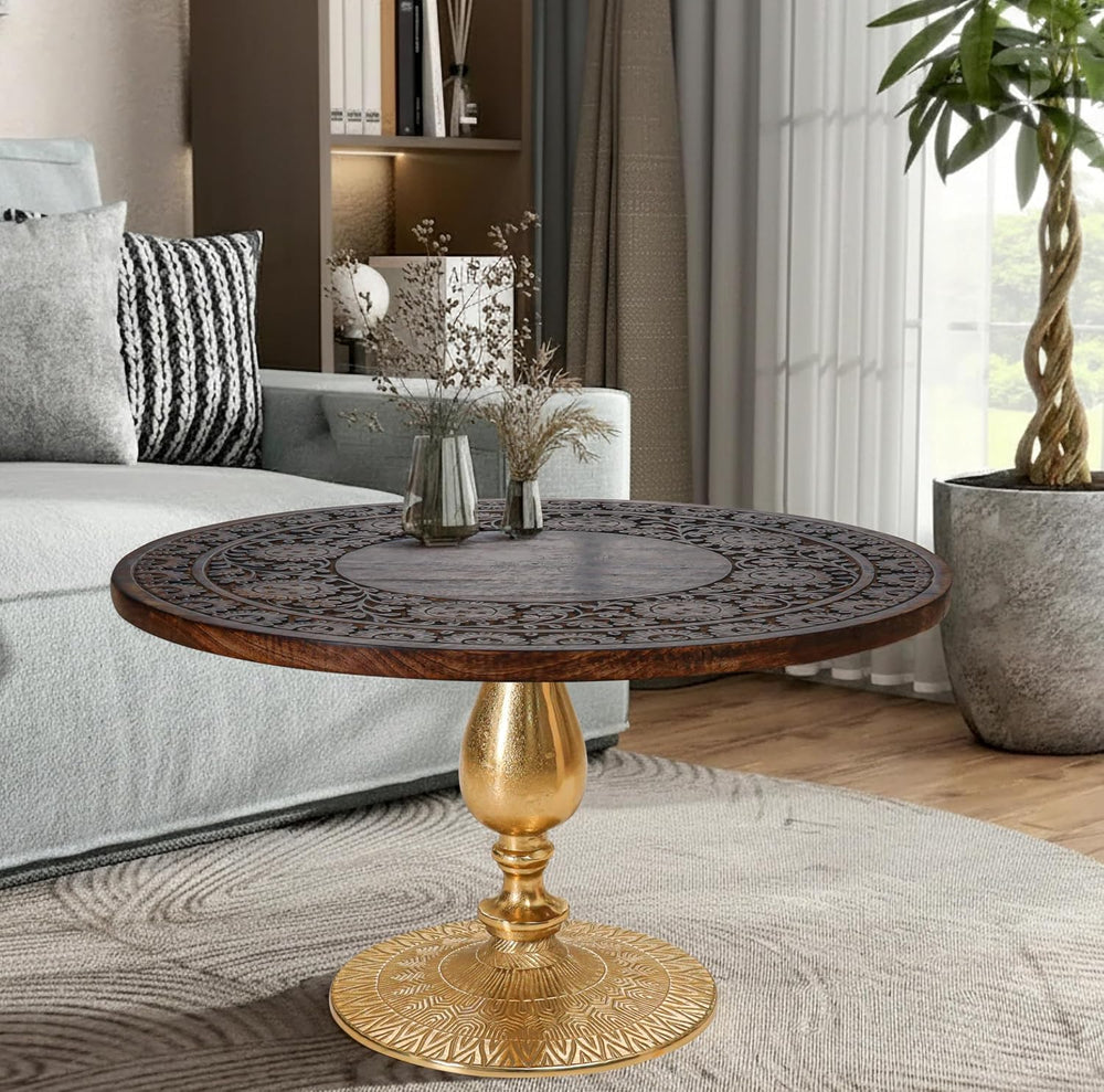 Coffee Table in Solid Wood and Aluminium Base, 24 x 24 x 18", Burnt/Gold