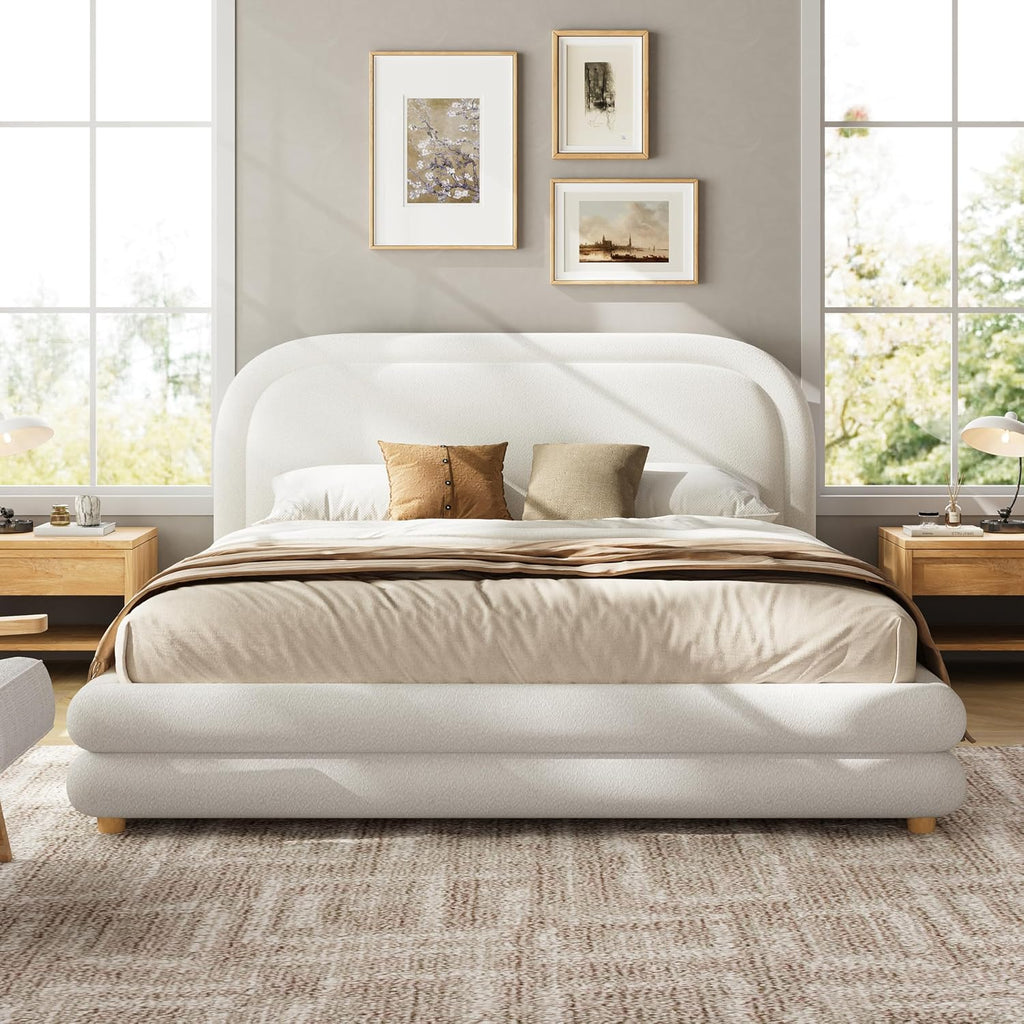 Virubi Queen Size Boucle Upholstered Bed Frame with Boucle Upholstered Thick Curved Headboard, Modern Half-Round Design Platform Bed with Solid Wood Legs, White (Queen)