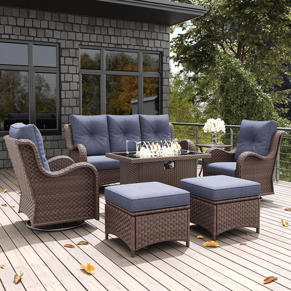 LayinSun 7 Pieces Outdoor Patio Furniture Set with Fire Pit Table, Rattan Wic...