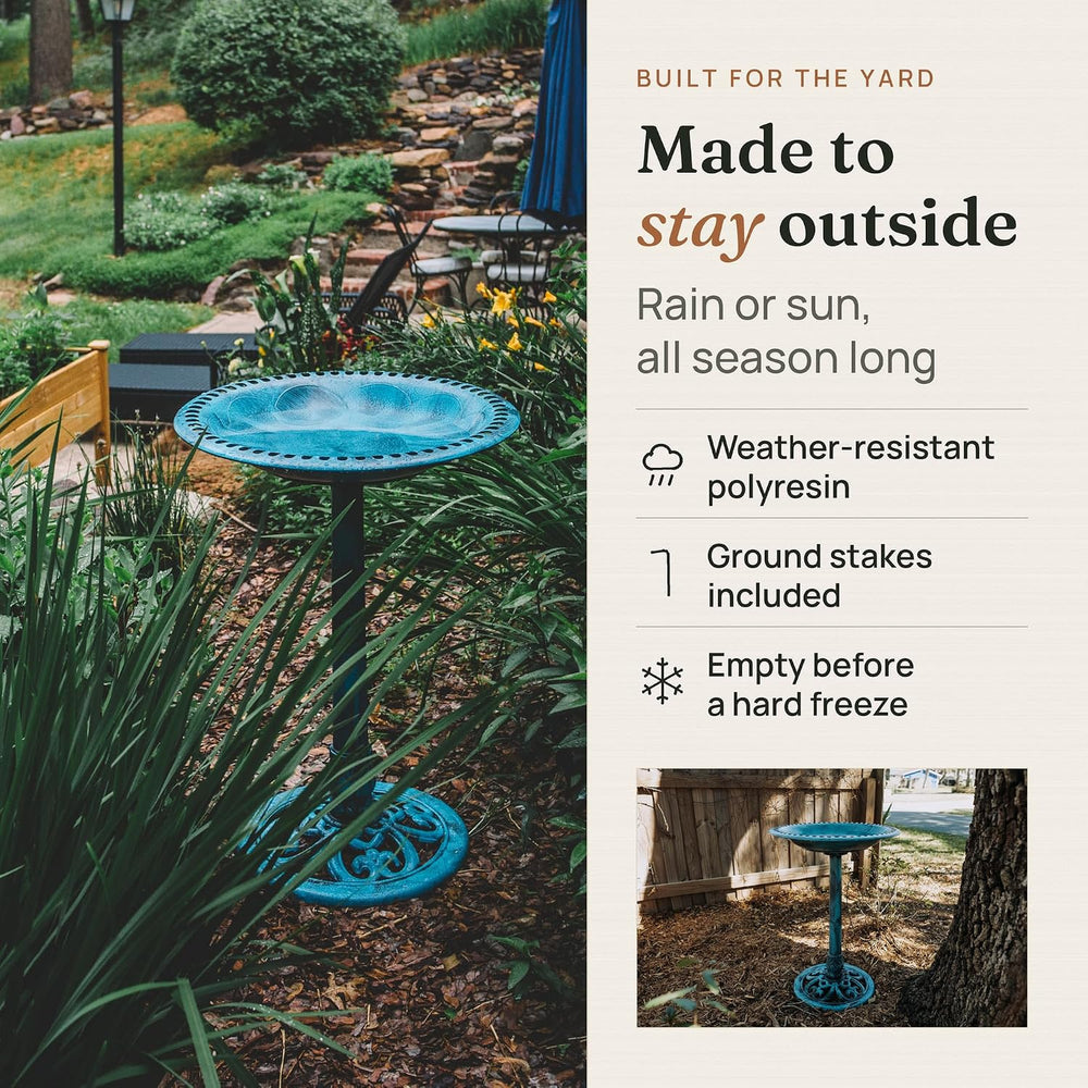 Backyard Expressions Blue Bird Bath for Outside, 28 in Pedestal Birdbath