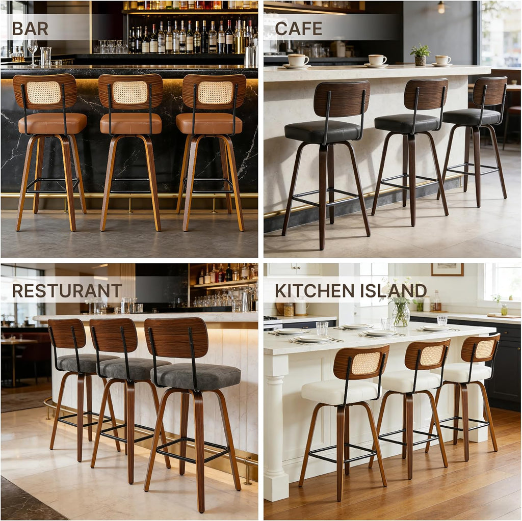Swivel Bar Stools Set of 2, 26" Counter Height with Rattan Back, Ivory
