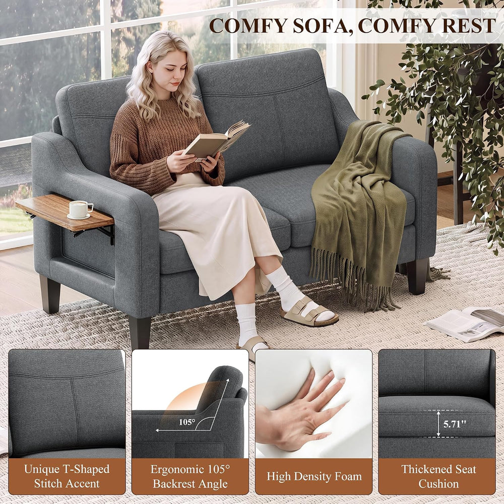 MALOL 51" Upholstered Accent Chair with Foldable Side Table, Dark Grey